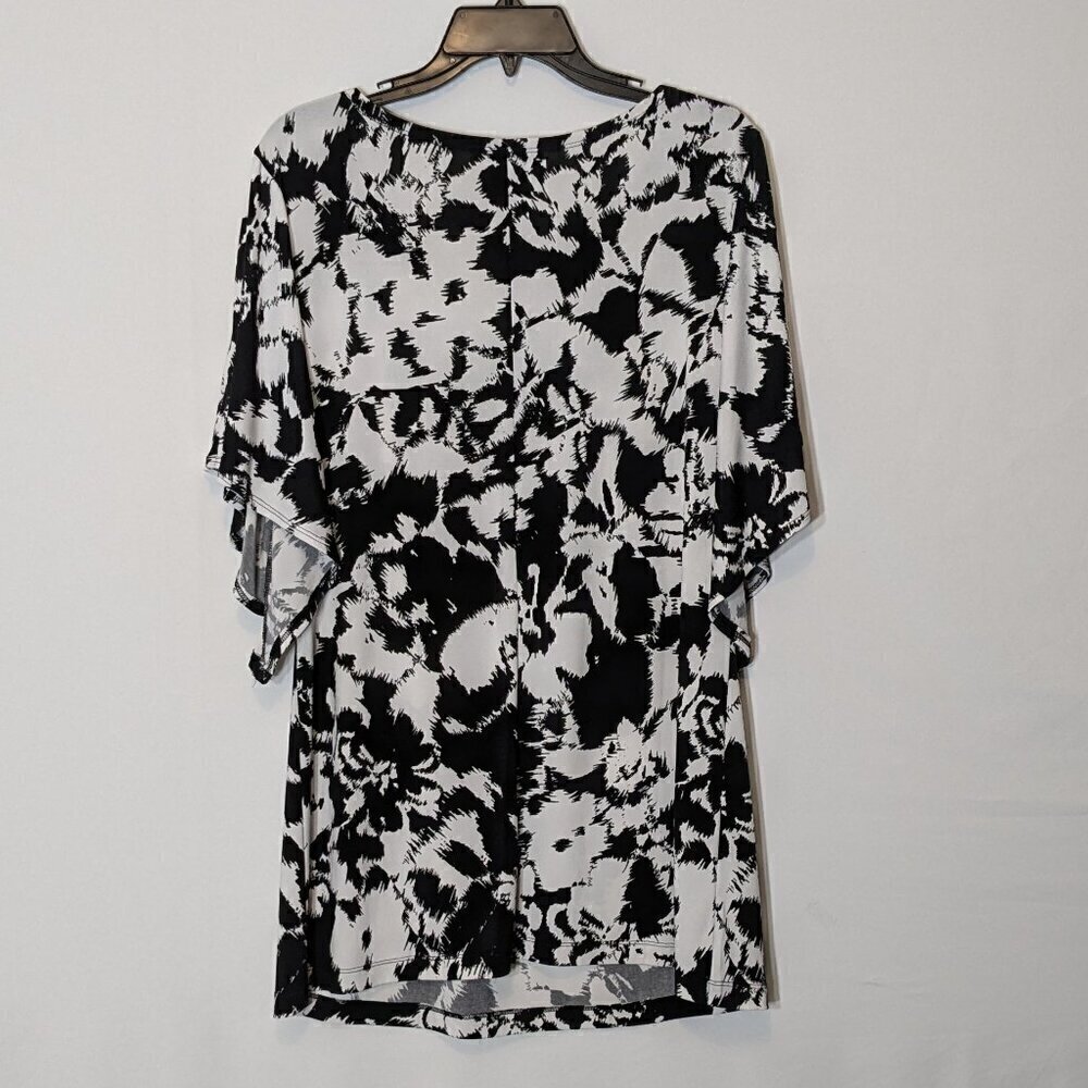 VINTAGE SUZIE Black & White, Short Bell Sleeve Long Jersey Tunic Top; Size L